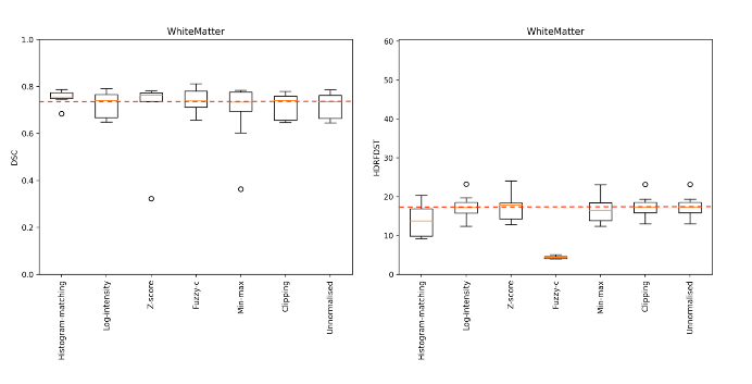 An example of box plots reporting DSC and HD95